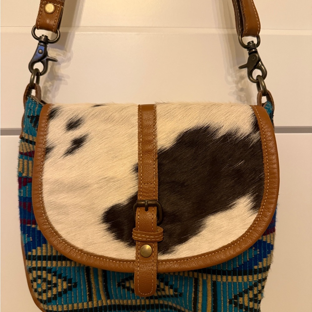 Myra Bag Brown and Blue Crossbody with Geometric Pattern